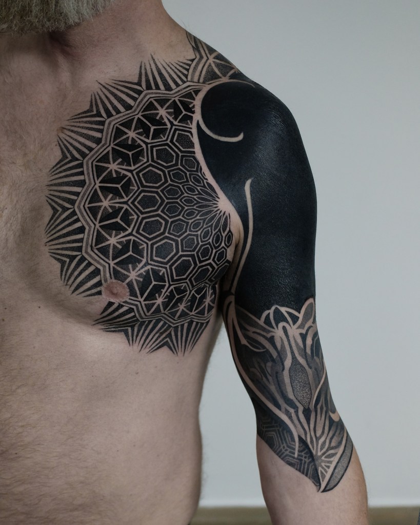 Mandala chest tattoo, coverup arm tattoo 